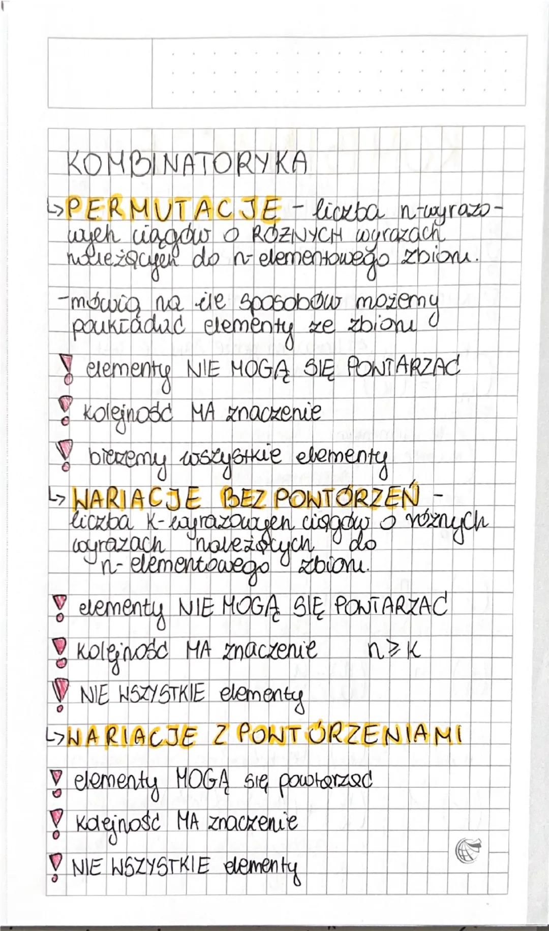 KOMBINATORYKA
PERMUTACJE - liczba n-wyrazo-
wych ciągów O ROZINYCH wyrazach
nolieżącyen do n elementowego zbiom.
-mówią na ile sposobów może
