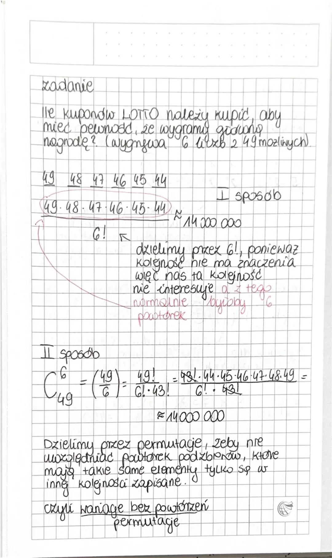 KOMBINATORYKA
PERMUTACJE - liczba n-wyrazo-
wych ciągów O ROZINYCH wyrazach
nolieżącyen do n elementowego zbiom.
-mówią na ile sposobów może