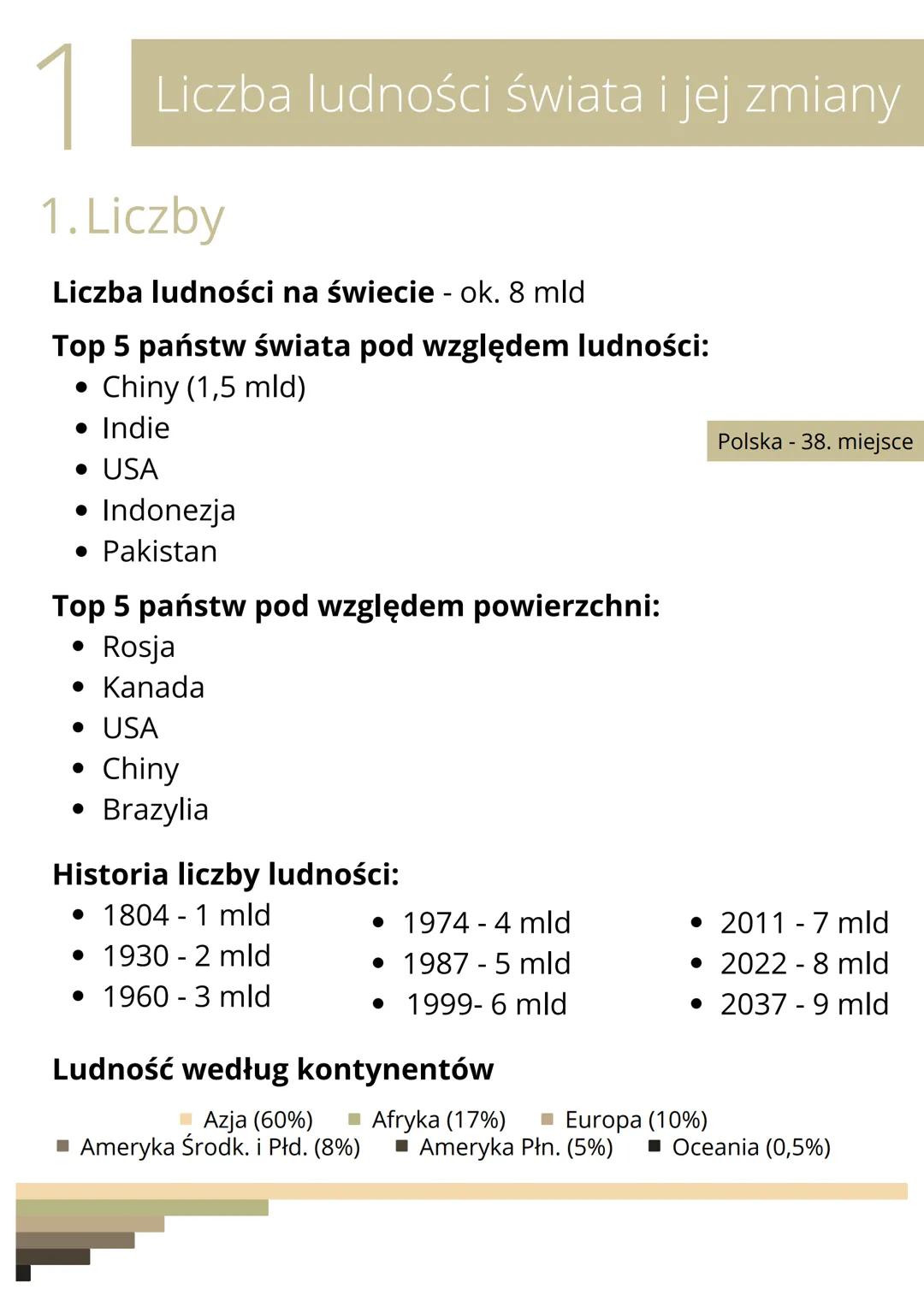 1
# Liczba ludności świata i jej zmiany
## 1. Liczby
Liczba ludności na świecie - ok. 8 mld
Top 5 państw świata pod względem ludności:
*