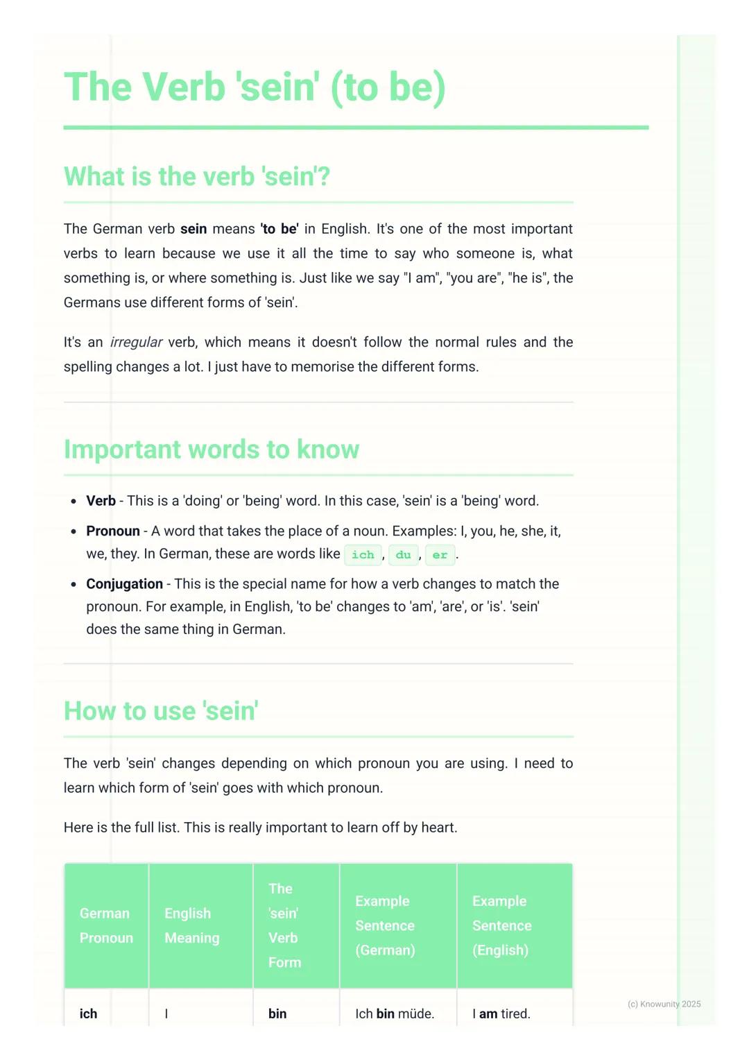 # The Verb 'sein' (to be)
What is the verb 'sein'?
The German verb sein means 'to be' in English. It's one of the most important
verbs to