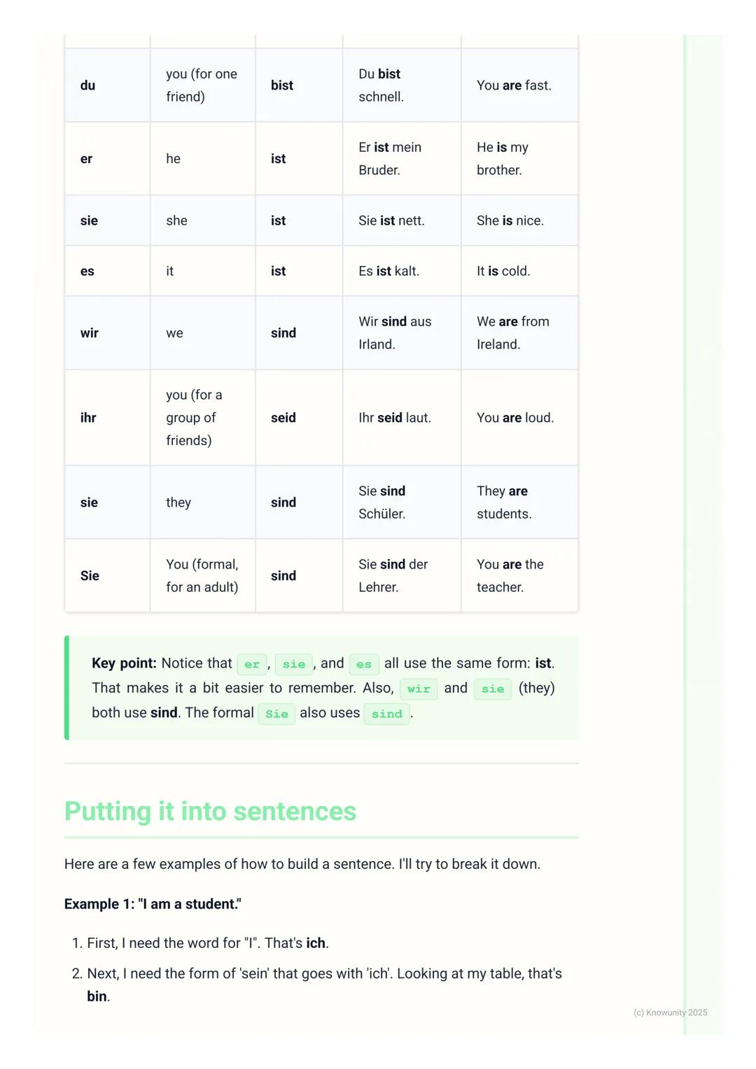# The Verb 'sein' (to be)
What is the verb 'sein'?
The German verb sein means 'to be' in English. It's one of the most important
verbs to