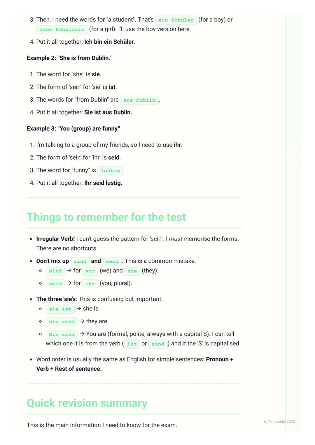 # The Verb 'sein' (to be)
What is the verb 'sein'?
The German verb sein means 'to be' in English. It's one of the most important
verbs to