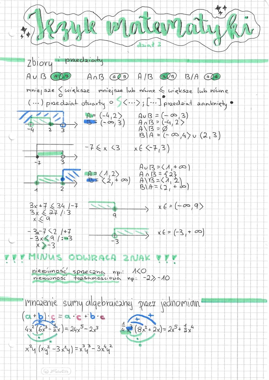 # Jezyk Matematyki
Zbiory i przedziały
AUBAB
AnBB A/BAB B/A
mniejsze Świększe mniejsze lub równe większe lub równe
(...) predział otwar