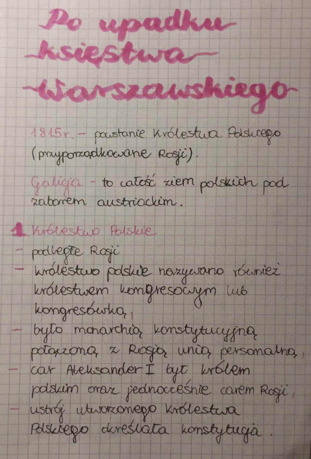 --- OCR Start ---
Po upadku
księstwa
Warszawskiego
1815r. - poustanie Królestwa Polskiego
(przyporządkowane Rosji).
Galicia - to całość ziem