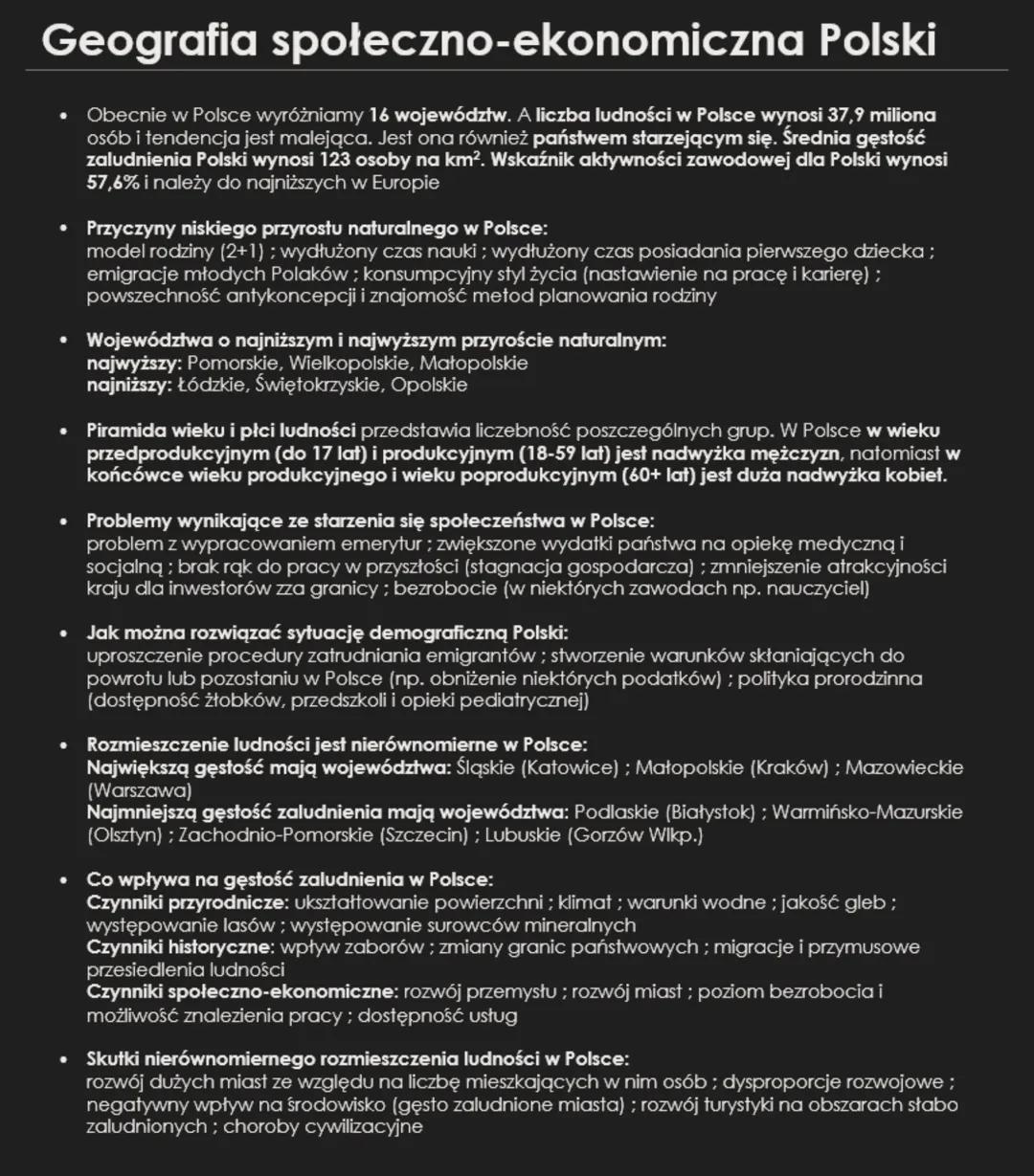 Geografia społeczno-ekonomiczna Polski
Obecnie w Polsce wyróżniamy 16 województw. A liczba ludności w Polsce wynosi 37,9 miliona
osób i tend