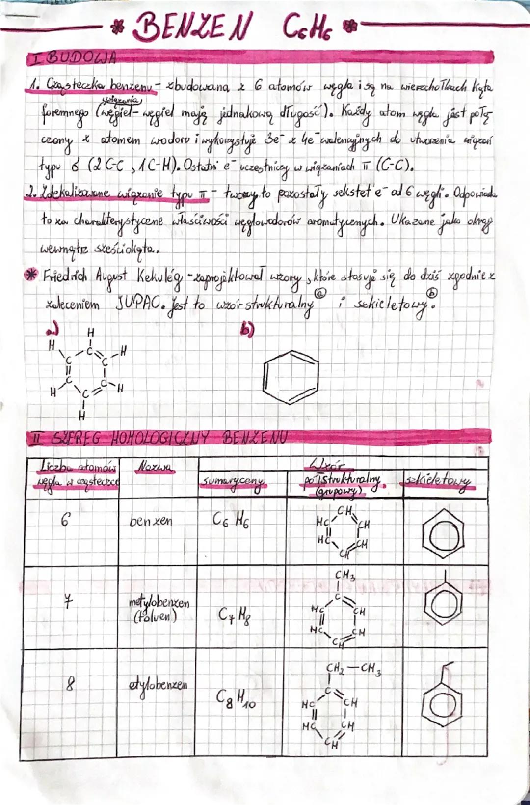 # BENZEN $C_6H_6$
I BUDOWA
1. Cząsteczka benzenu - zbudowana z 6 atomów węgla isy ma wierecho Thach kyta
foremnego (węgiet-węgiel mają je
