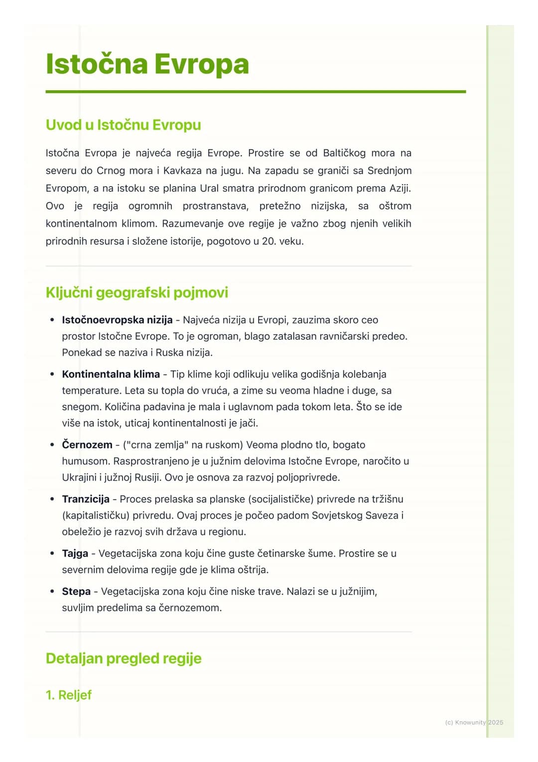 # Istočna Evropa
## Uvod u Istočnu Evropu
Istočna Evropa je najveća regija Evrope. Prostire se od Baltičkog mora na
severu do Crnog mora i