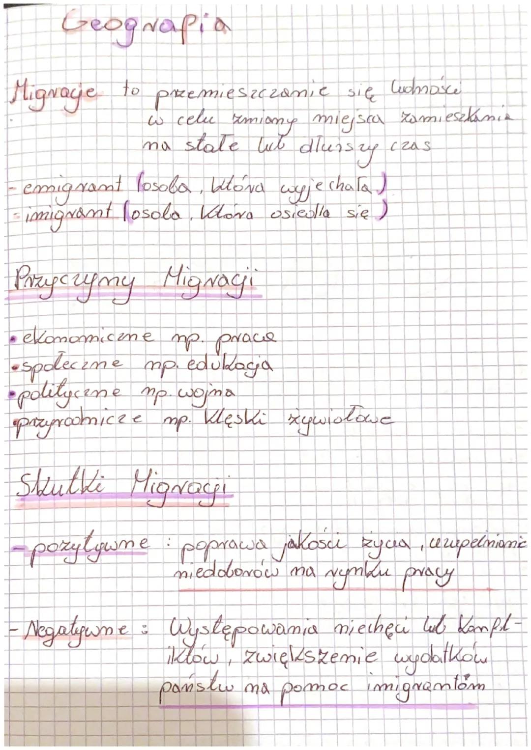 Geograpia
Migracje to przemieszczanie się ludności
w celu zmiany miejsca zamieszkania
na state lut dluss, czas
- emigrant losoba, która wyj