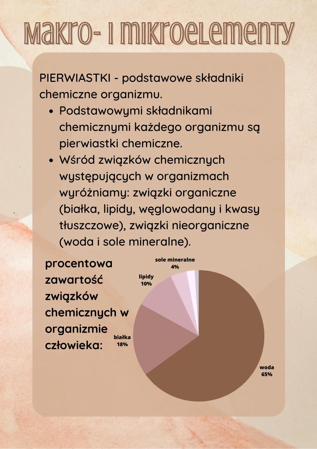 Makro- i mikroelementy
PIERWIASTKI - podstawowe składniki
chemiczne organizmu.
●
Podstawowymi składnikami
chemicznymi każdego organizmu są
p
