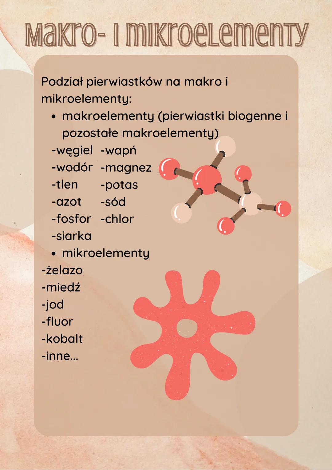 Makro- i mikroelementy
PIERWIASTKI - podstawowe składniki
chemiczne organizmu.
●
Podstawowymi składnikami
chemicznymi każdego organizmu są
p