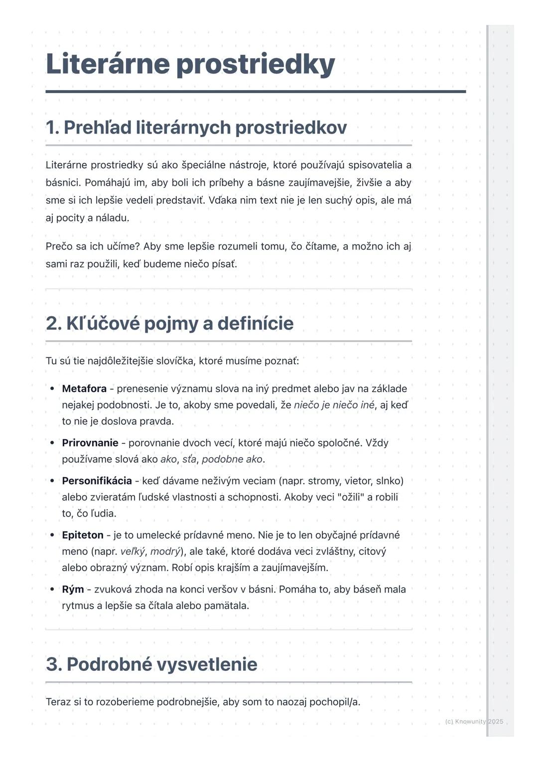 # Literárne prostriedky
1. Prehľad literárnych prostriedkov
Literárne prostriedky sú ako špeciálne nástroje, ktoré používajú spisovatelia