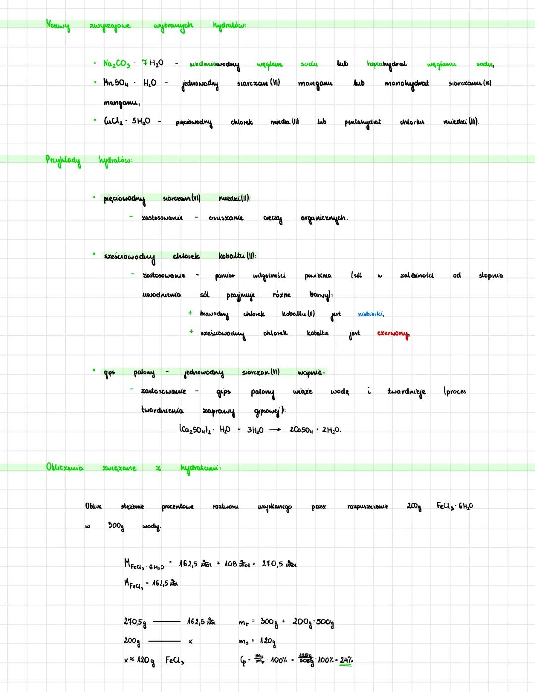 # HYDRATY
Hydraty
(sole suwodnione) sole zaurerające wbudowane w sieć krystalickna cząsteczki
wody. Woda w hydratach moze być przyłączопа p