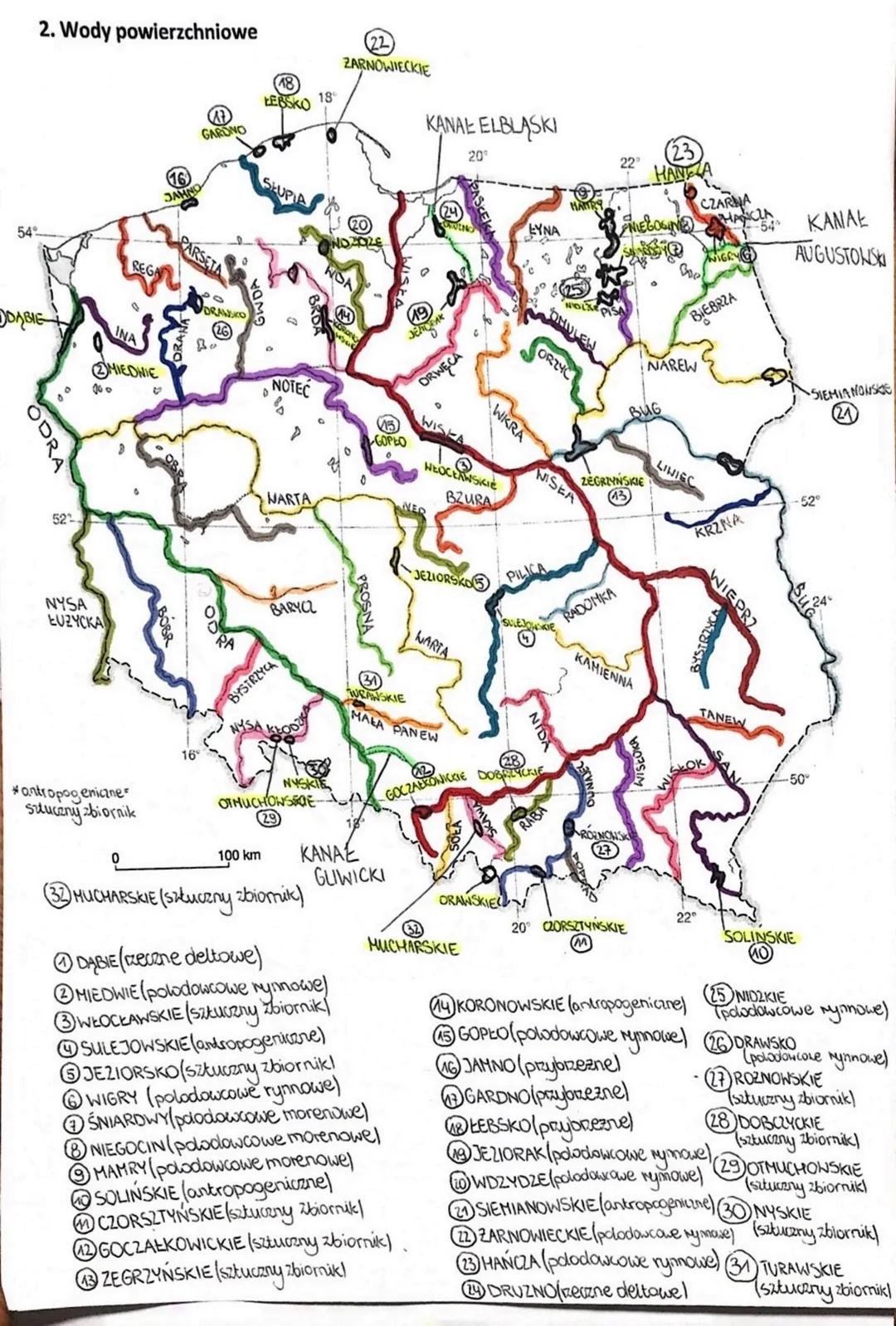 2. Wody powierzchniowe
54°
ODABIE
522
200
NYSA
EUZYCKA
16
JAHNO
REGA
INA
MIEDNIE
antropogeniczne
sztuczny zbiornik
1
GARDNO
ARSE
16°
DRANSKO