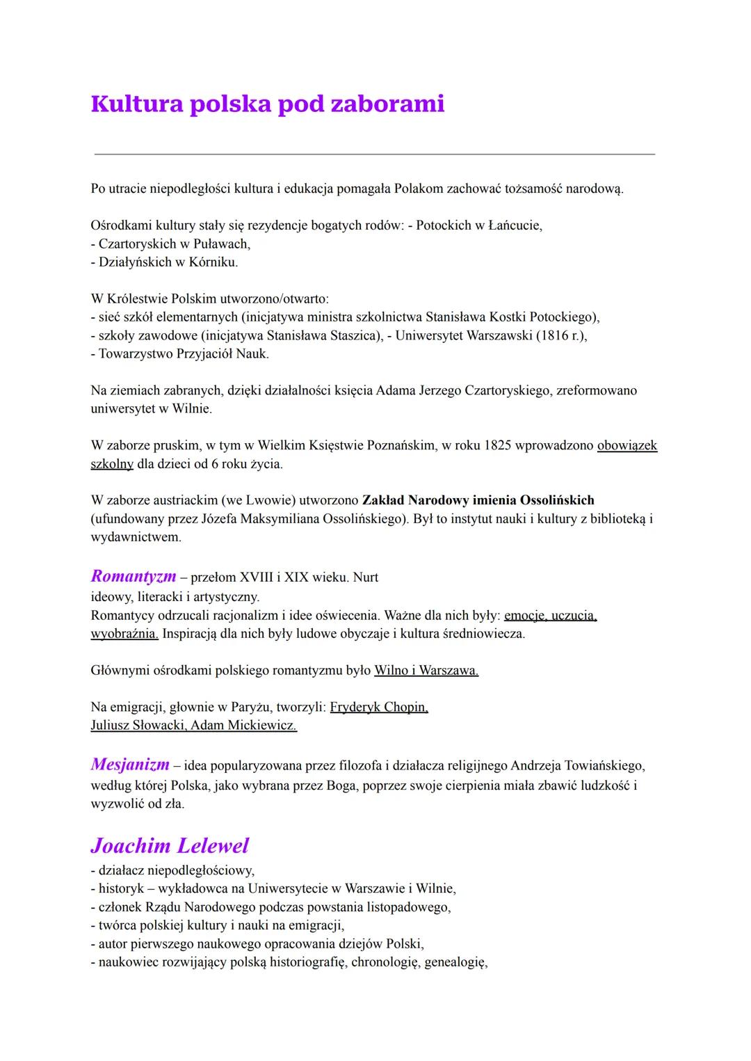 Kultura polska pod zaborami
Po utracie niepodległości kultura i edukacja pomagała Polakom zachować tożsamość narodową.
Ośrodkami kultury sta