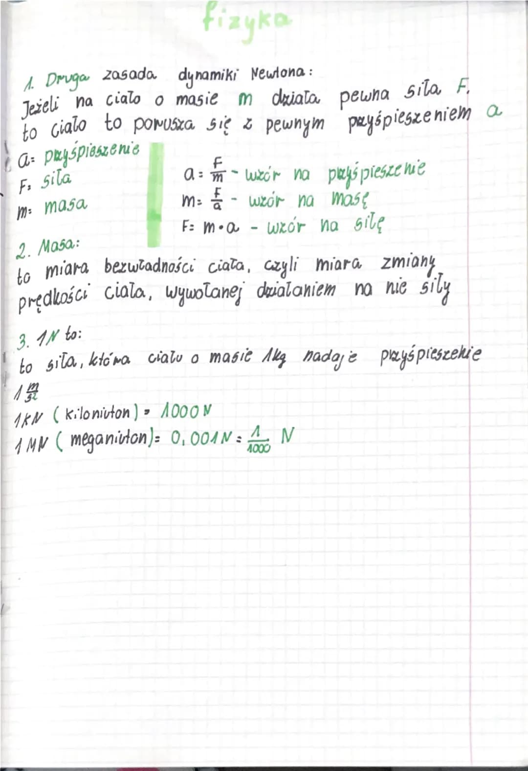 # fizyka
1. Druga zasada dynamiki Newtona:
Jeżeli na ciało o masie m działa pewna sila F.
to ciało to porusza się z pewnym przyśpieszeniem