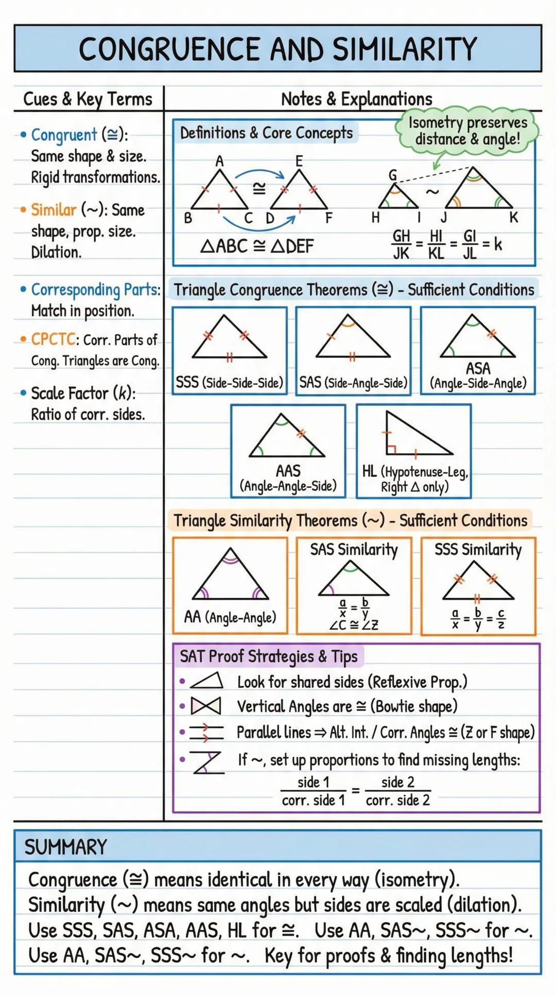 # CONGRUENCE AND SIMILARITY
| Cues & Key Terms | Notes & Explanations |
| ----------- | ----------- |
| - Congruent ($\cong$):
Same shape &