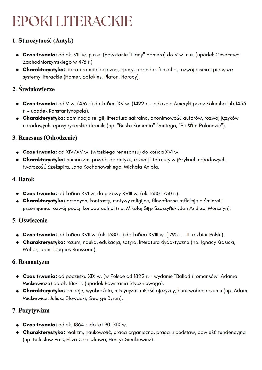 # EPOKI LITERACKIE
1. Starożytność (Antyk)
• Czas trwania: od ok. VIII w. p.n.e. (powstanie "lliady" Homera) do V w. n.e. (upadek Cesarstw
