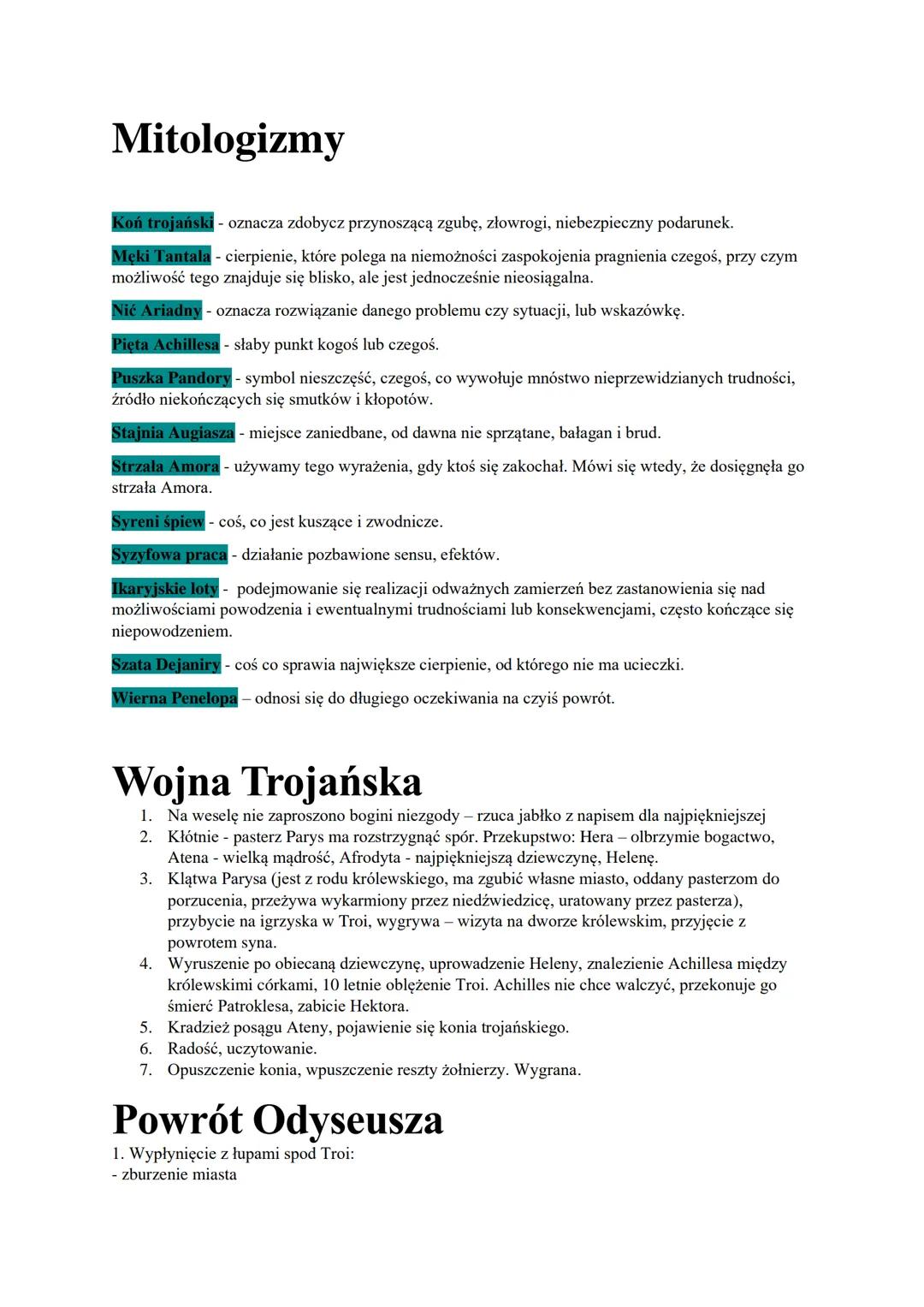 # Mitologizmy
Koń trojański - oznacza zdobycz przynoszącą zgubę, złowrogi, niebezpieczny podarunek.
Męki Tantala - cierpienie, które poleg