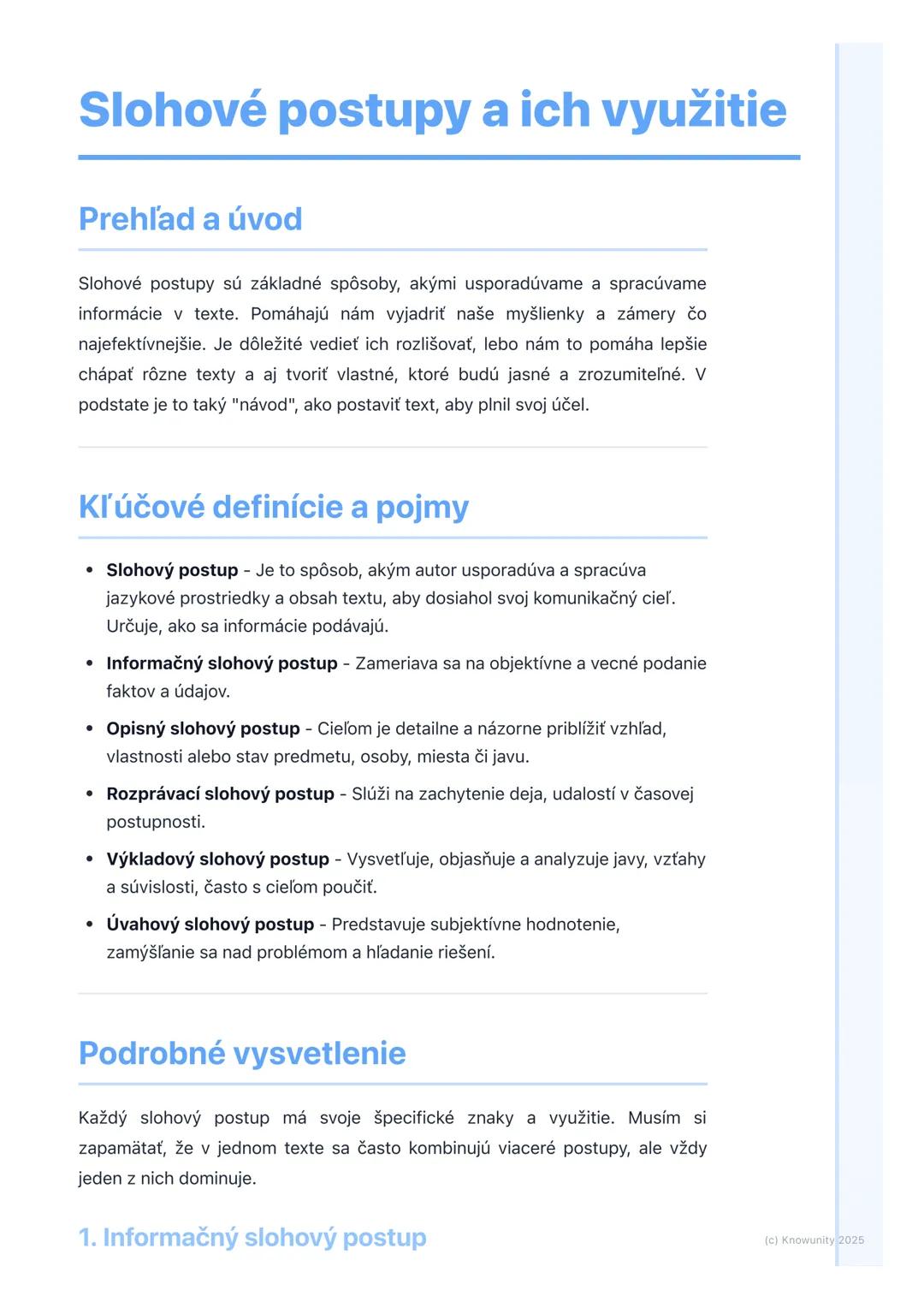 # Slohové postupy a ich využitie
## Prehľad a úvod
Slohové postupy sú základné spôsoby, akými usporadúvame a spracúvame
informácie v texte