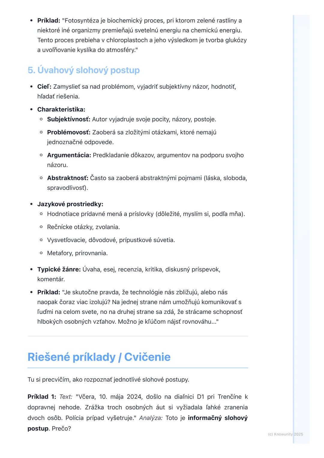 # Slohové postupy a ich využitie
## Prehľad a úvod
Slohové postupy sú základné spôsoby, akými usporadúvame a spracúvame
informácie v texte