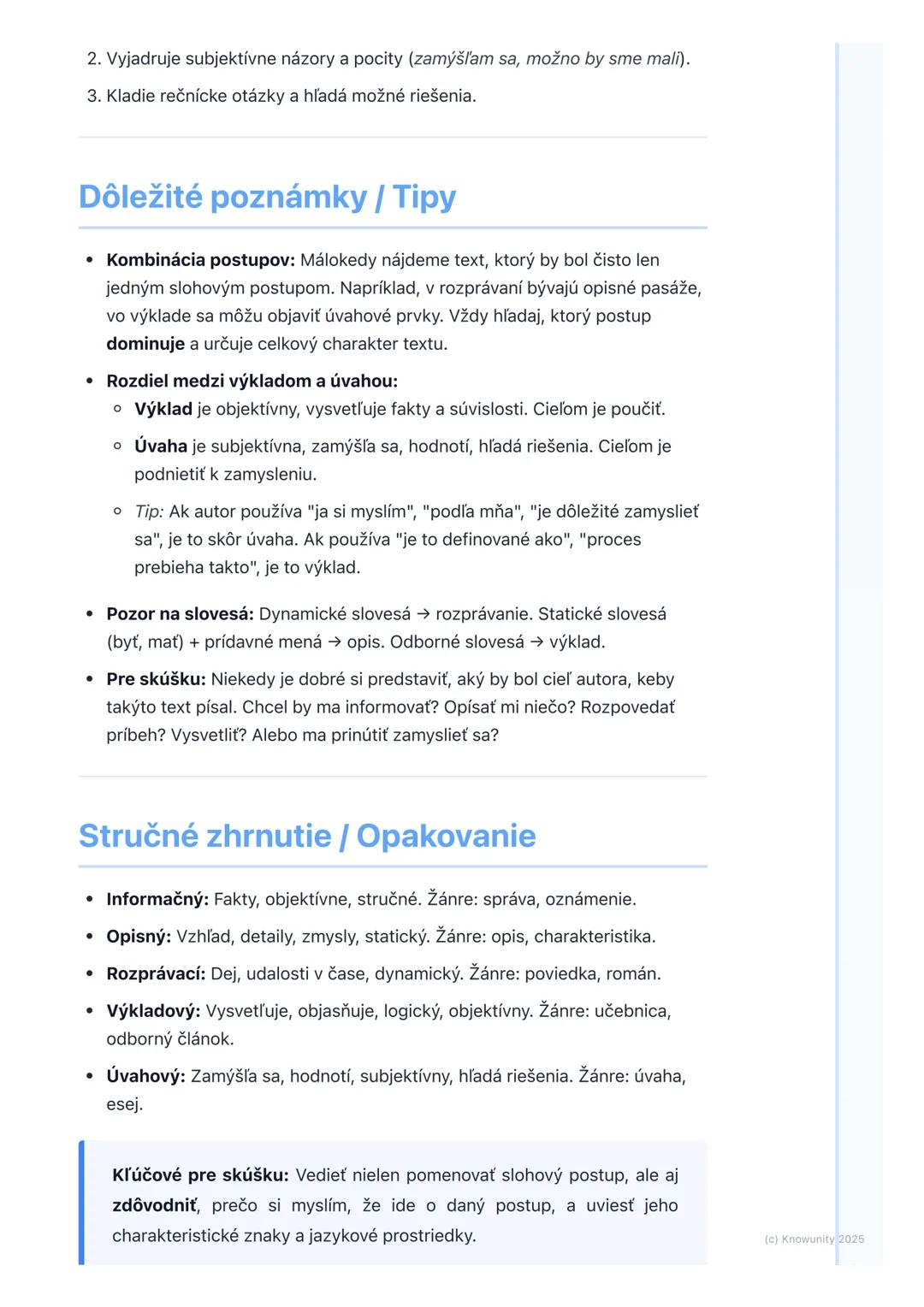 # Slohové postupy a ich využitie
## Prehľad a úvod
Slohové postupy sú základné spôsoby, akými usporadúvame a spracúvame
informácie v texte