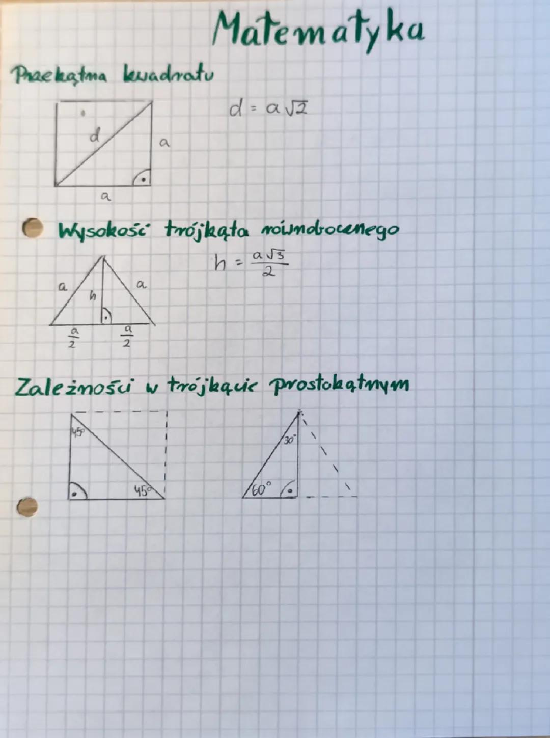 # Matematyka
Praekątna kwadratu
$d = a \sqrt{2}$
d
a
a
* Wysokość trójkąta równocznego
a
$h = \frac{a\sqrt{3}}{2}$
a
a
h
6/2
012