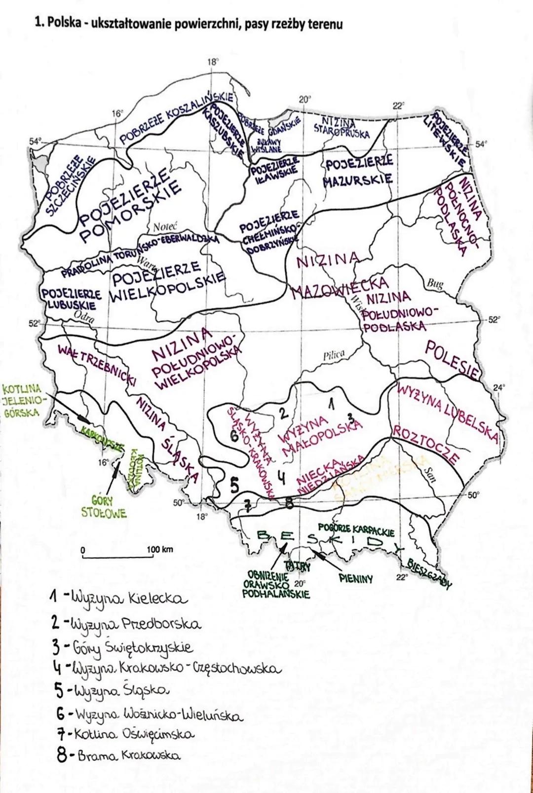 1. Polska - ukształtowanie powierzchni, pasy rzeżby terenu
52
POBRZEZE
SZCZECIŃSKIE
KOTLINA
JELENIO-
GORSKA
16°
POJEZIERZE
POMORSKIE
POBRZEŻ