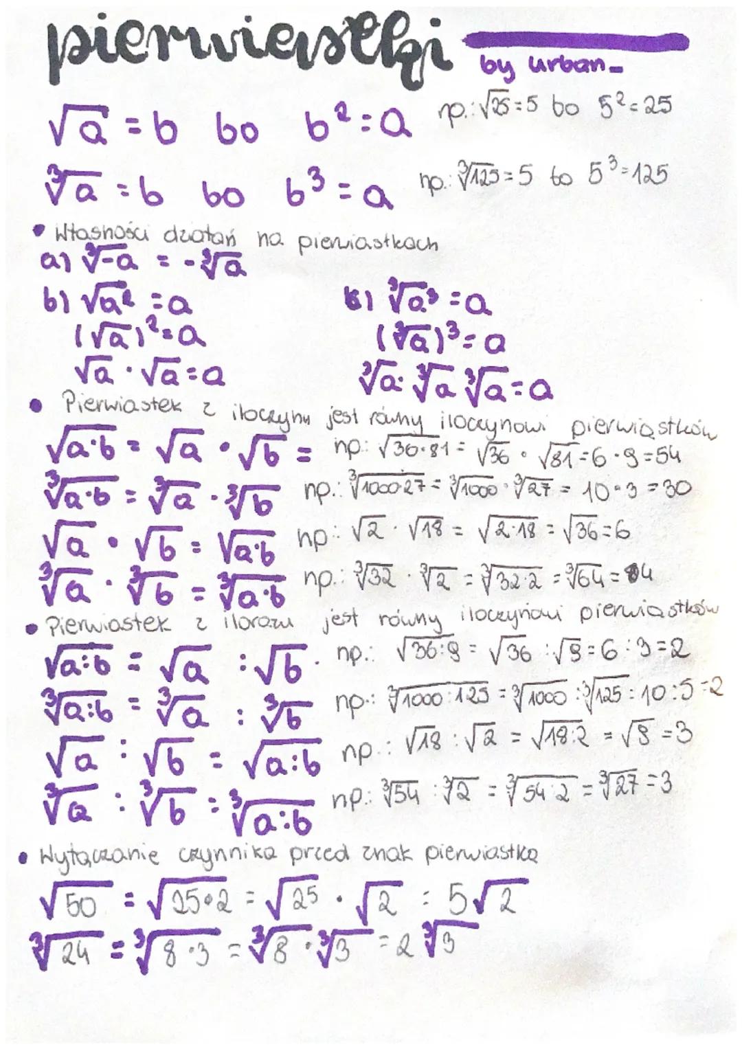 pierwiastki
by urban
√2 = 6 60 6² = np.: √25=5 60 5² = 25
bo
✓a = 6 60 63 = Q 10: 123=5 to 53=125
Własności dzatań na pieniastkach
al√α = -1