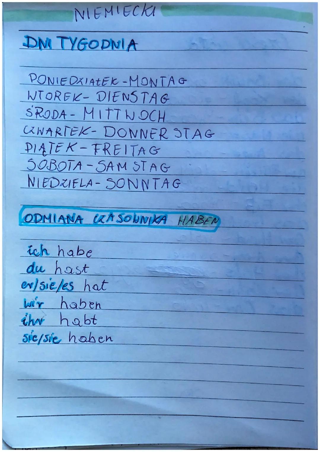 NIEMIECKI
DNI TYGODNIA
PONIEDZIAŁEK-MONTAG
WTOREK DIENSTAG
ŚRODA MITTWOCH
CZWARTEK-DONNER STAG
PIATEK-FREITAG
SOBOTA - SAM STAG
NIEDZIELA- S