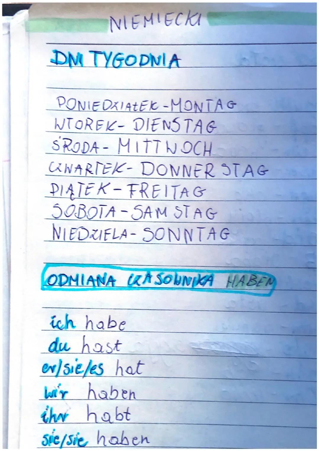 NIEMIECKI
DNI TYGODNIA
PONIEDZIAŁEK-MONTAG
WTOREK DIENSTAG
ŚRODA MITTWOCH
CZWARTEK-DONNER STAG
PIATEK-FREITAG
SOBOTA - SAM STAG
NIEDZIELA- S