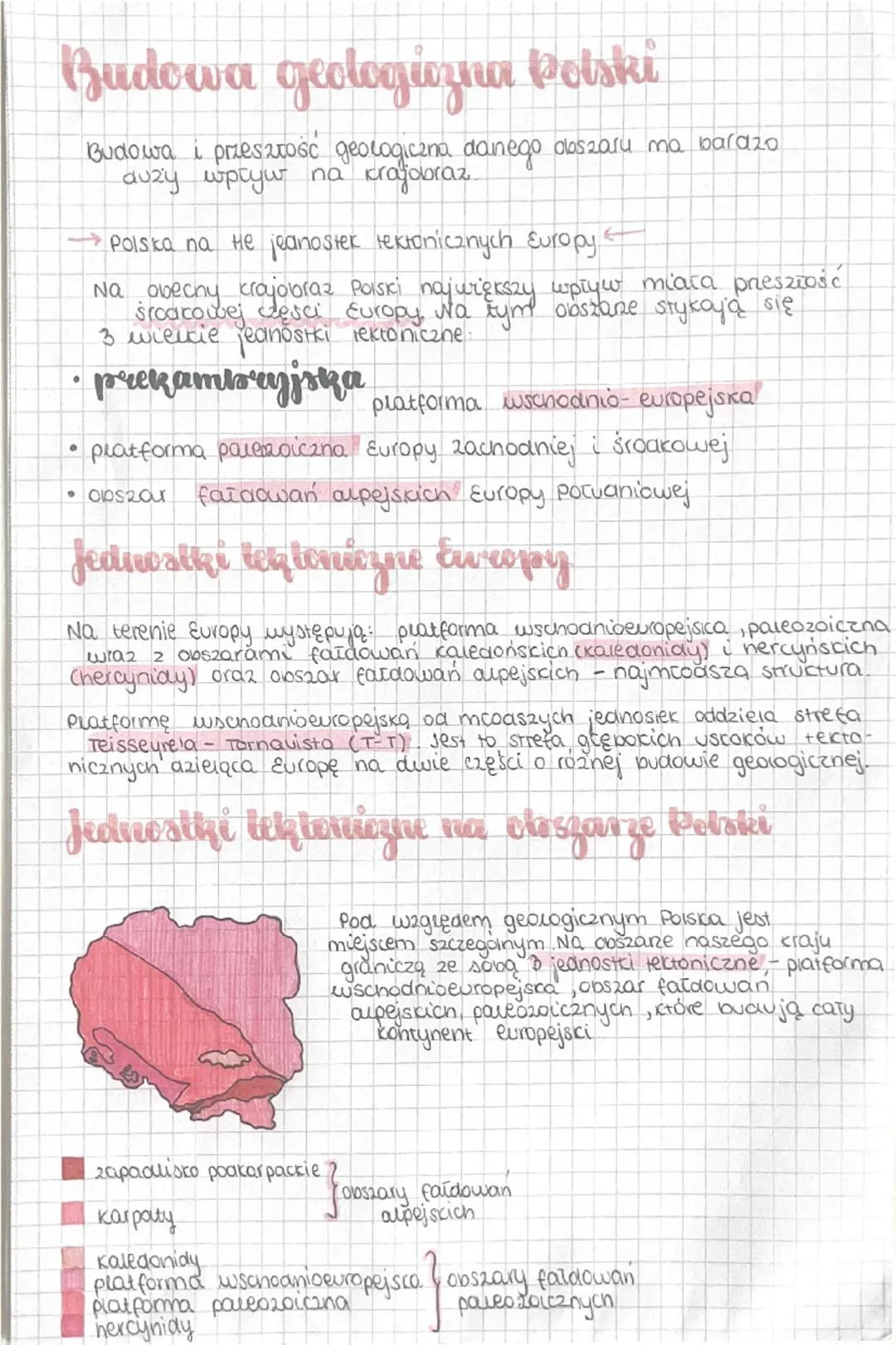 Budowa geologiczna Polski
Budowa i przeszłość geologiczna danego obszaru ma bardzo
auzy wpływ na krajobraz.
Polska na te jednostek tektonicz