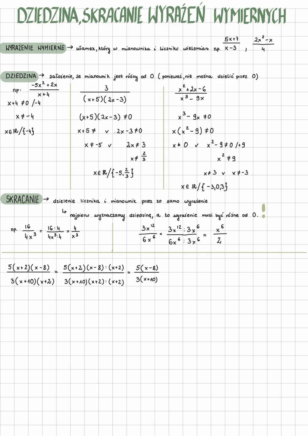 # DZIEDZINA, SKRACANIE WYRAŻEŃ WYMIERNYCH
WYRAŻENIE WYMIERNE ułamek, który w mianowniku i liczniku wielomian np. $\frac{5x+7}{x-3}$, $\frac