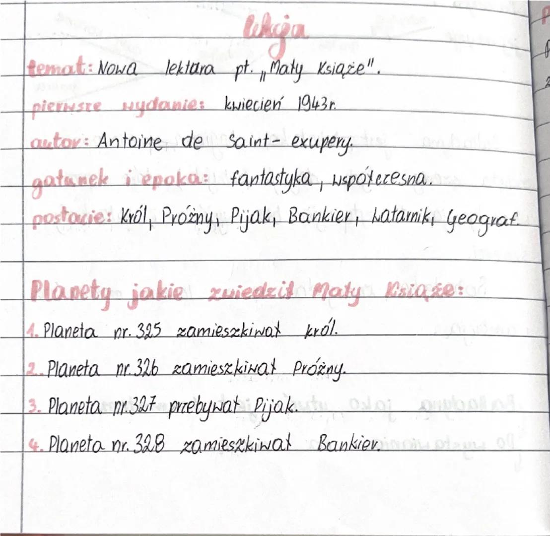 lukija
temat: Nowa lektara pt. „Maty Książe".
pierwsze wydanie: kwiecień 1943r.
autor: Antoine de Saint- exupery.
gatunek i epoka: fanta