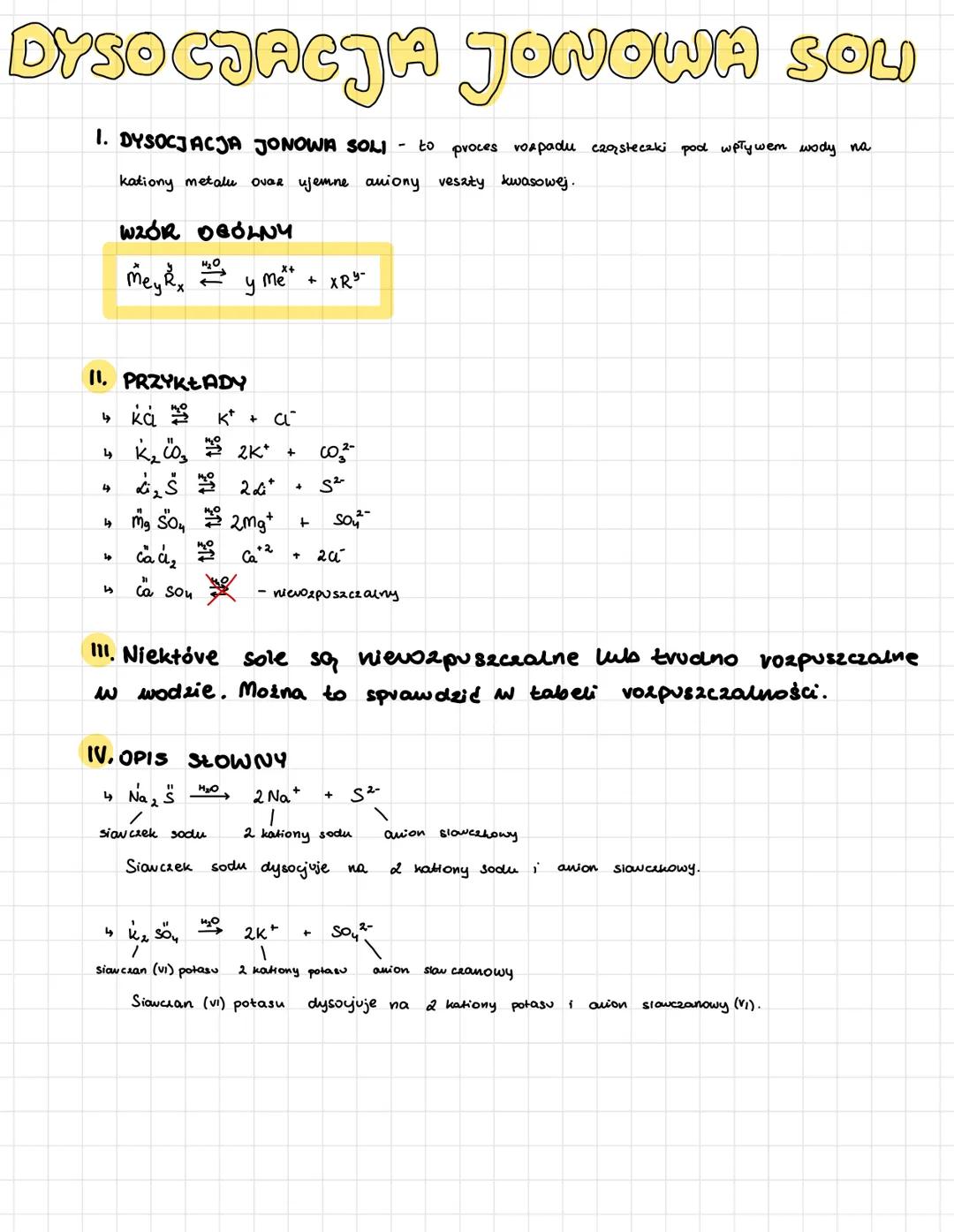DYSOCJACJA JONOWA SOLI
1. DYSOCJACJA JONOWA SOLI- to
kationy metalu ovaR ujemne aniony veszty kwasowej.
4
4
4
45
WZÓR OGÓLNY
Mey Rx
H₂O
11.