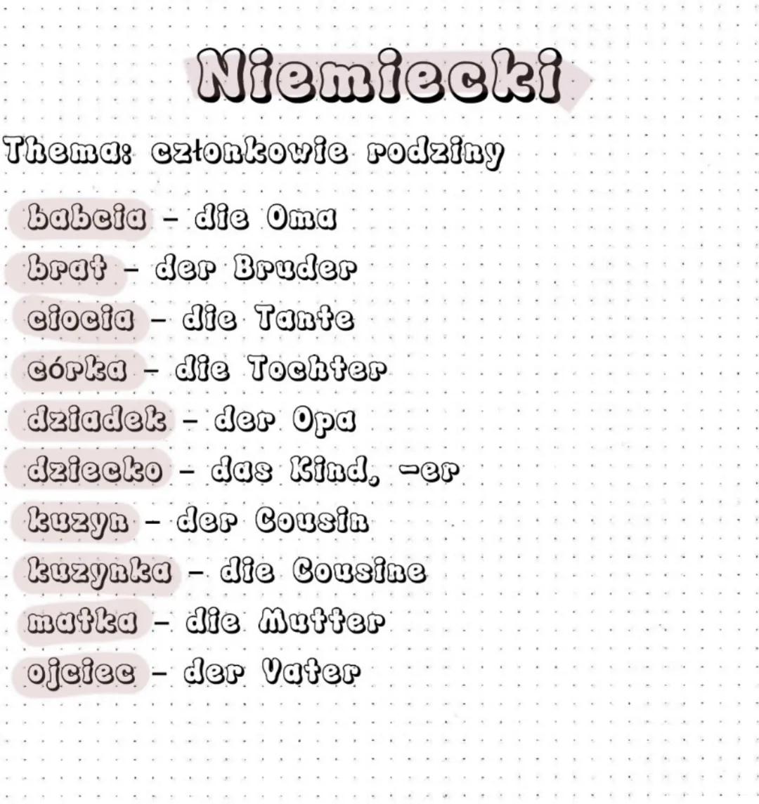 Niemiecki
Thema: członkowie rodziny
babcia - die Oma
brat - der Bruder
ciocia - die Tante
córka - die Tochter
dziadek - der: Opa
dziecko das