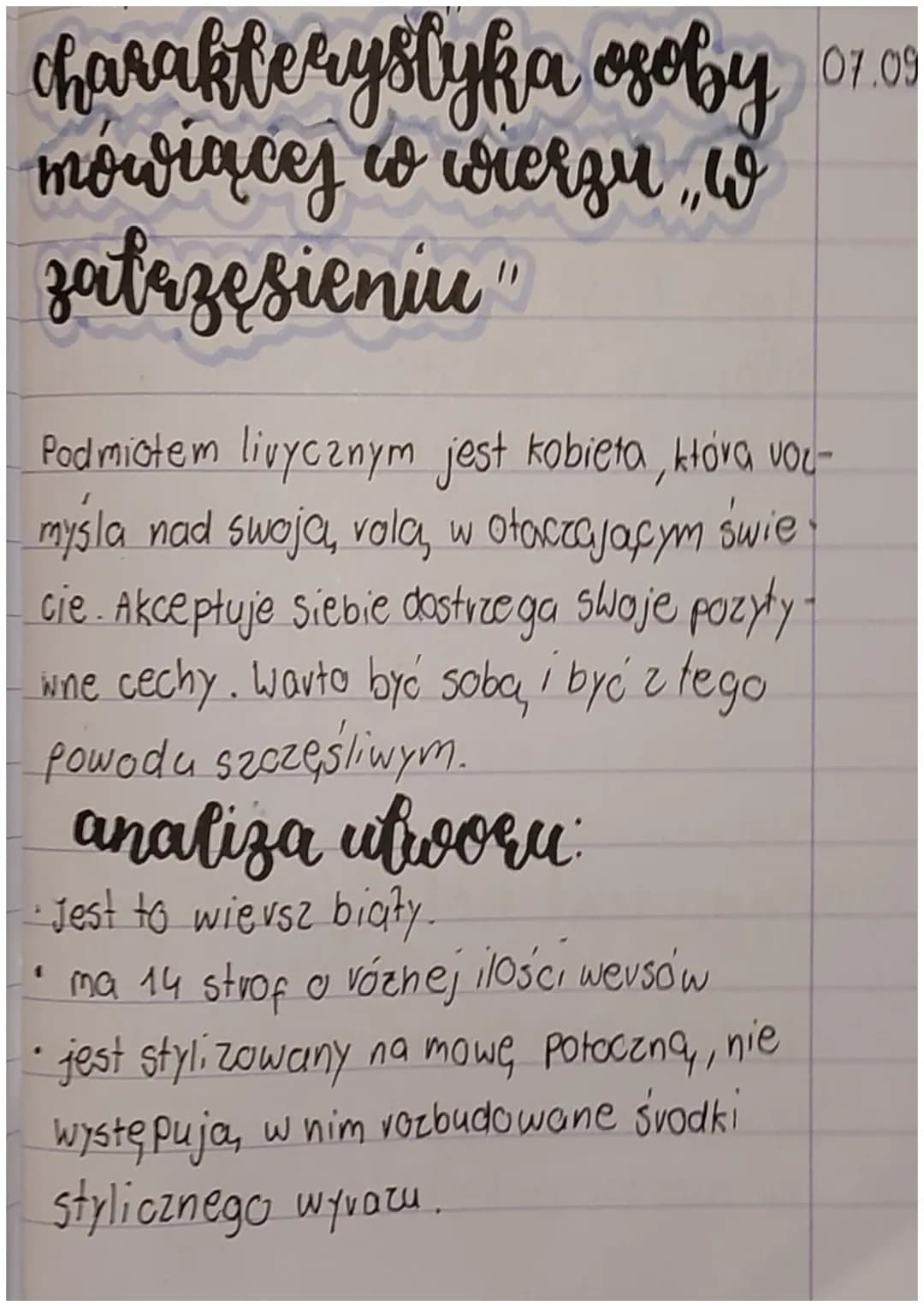 # charakterystyka osoby 07.09
mówiącej w wierzu w
zatrzęsieniu "
Podmiotem livycznym jest kobieta, która voc-
mysla nad swoja, vola, w otac