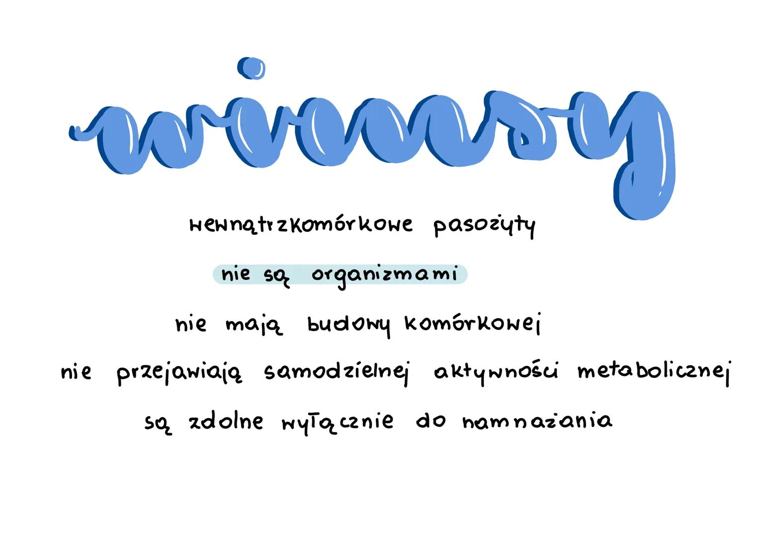 winry
wewnątrzkomórkowe pasożyty
nie są organizmami
nie mają budowy komórkowej
nie przejawiają samodzielnej aktywności metabolicznej
są zdol