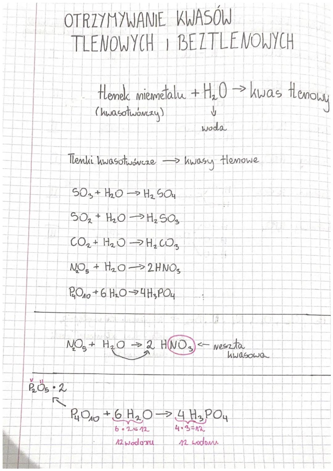 # OTRZYMYWANIE KWASÓW
TLENOWYCH I BEZTLENOWYCH
Henek miermetalu + H₂O → kwas Henowy
(hwasotwórczy)
↓
woda
Tlenki kwasotwórcze → kwasy tle