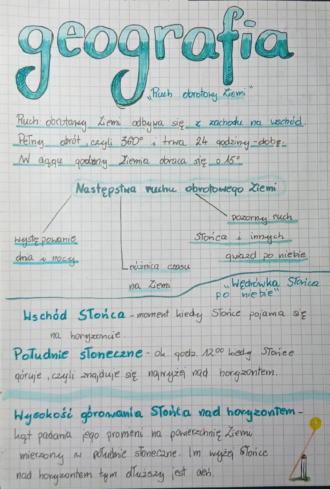 .
geografia
Ruch obrotowy Ziemi
Ruch obrotowy Ziemi odbywa się z zachodu na wschód.
Pełny obrót, czyli 360° i trwa 24 godziny - dobe.
W ciąg