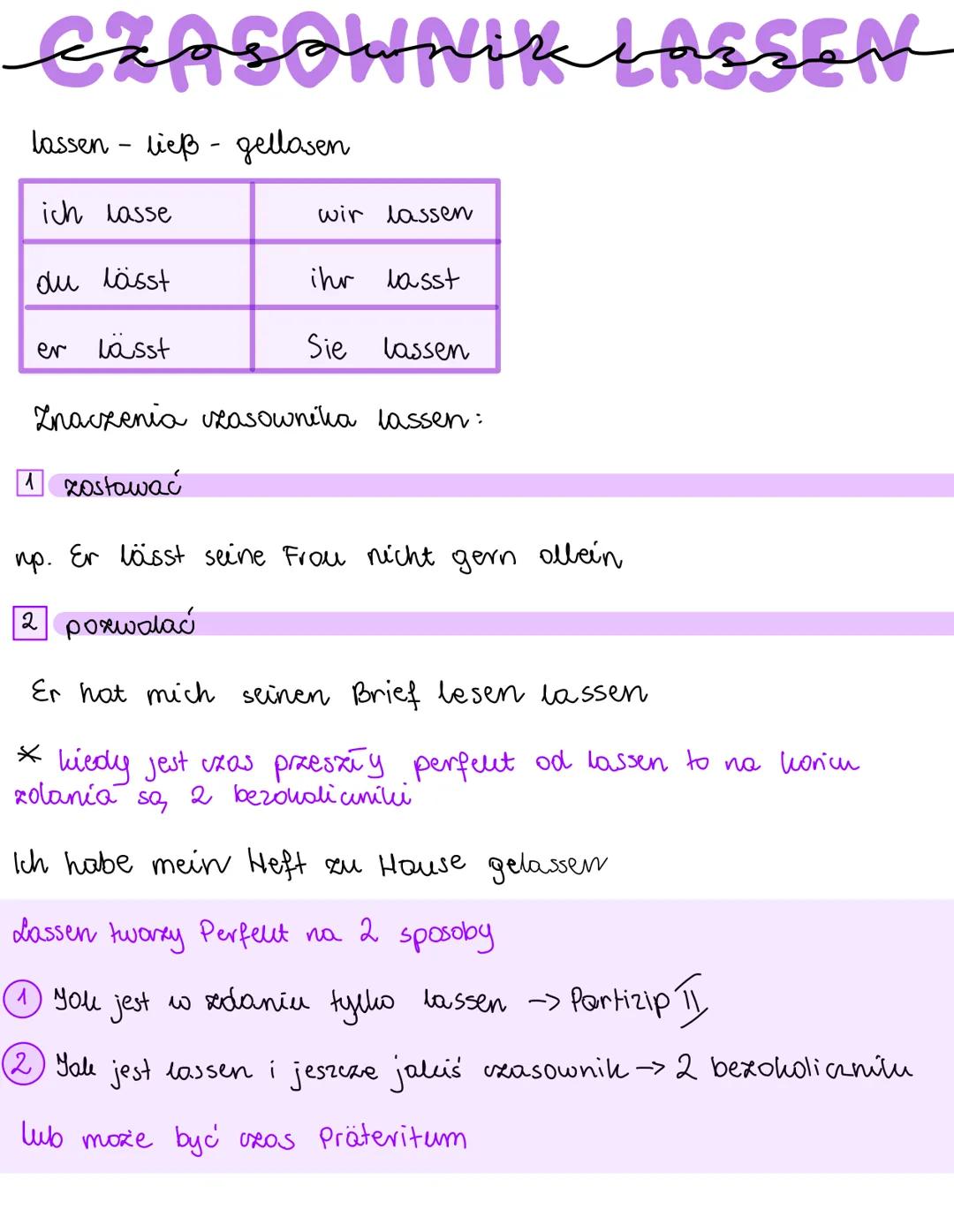 expSoUnik IRESEN
lassen - ließ - gellasen
ich lasse
du lässt
lässt
wir lassen
er
ihr lasst
Sie lassen
Znaczenia zasownika lassen:
1 zostować