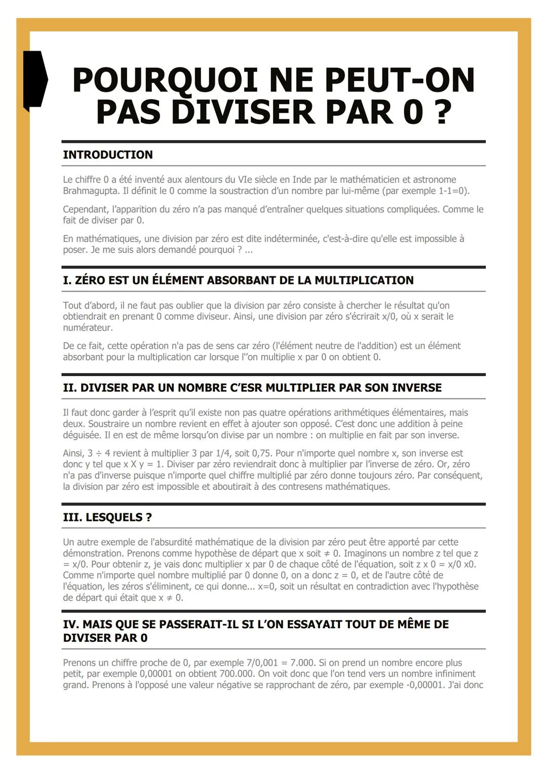 # POURQUOI NE PEUT-ON
PAS DIVISER PAR 0?
INTRODUCTION
Le chiffre 0 a été inventé aux alentours du VIe siècle en Inde par le mathématicien