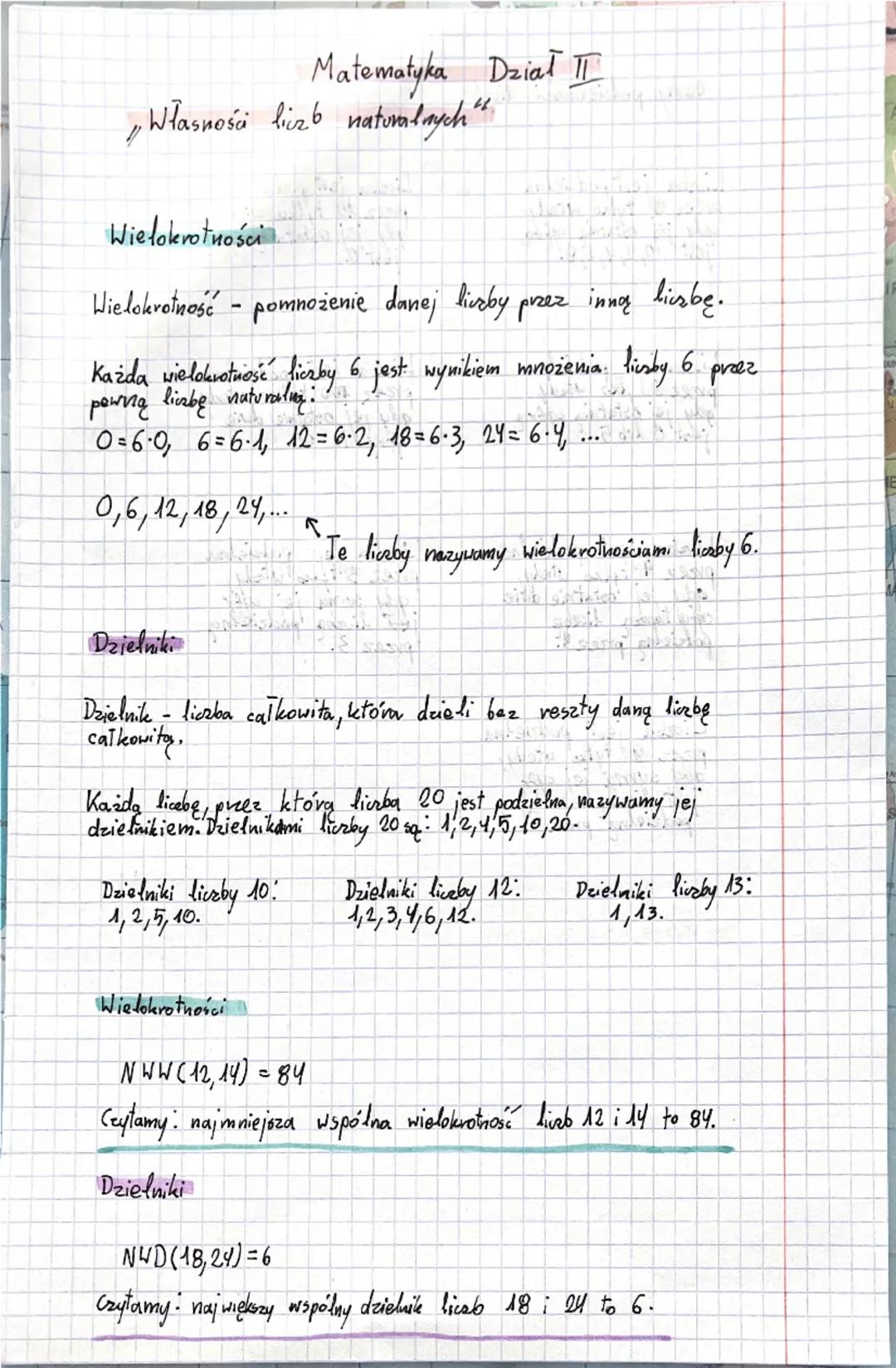 Matematyka Dział II
Własności liczb naturalnych".
Wielokrotności
Wielokrotność - pomnożenie danej liczby przez inną liczbę.
Każda wielokrotn